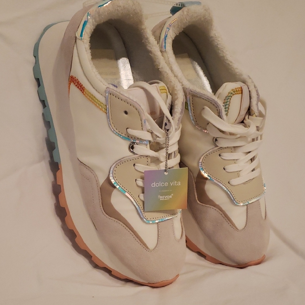 Dolce Vita NWT Trevor Project White Cream Sneakers Pastel Accents 8.5  8 1/2